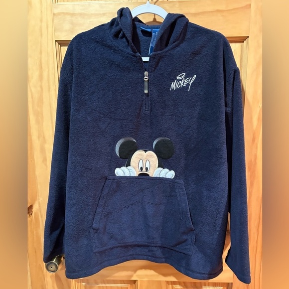 Disney Tops - Disney Mickey Mouse Navy Blue Quarter Zip Hooded Fleece Kangaroo Sweatshirt XL